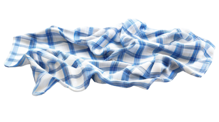 A piece of thin blue and white checkered fabric with wavy lines isolated on a transparent background. PNG