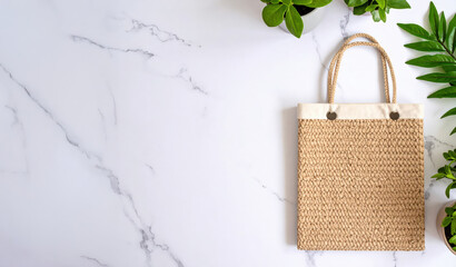 Beige Woven Tote Bag with nature plants on marble Background with copy space