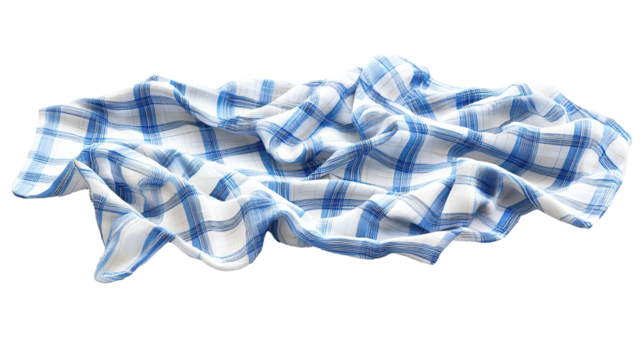 A piece of thin blue and white checkered fabric with wavy lines isolated on a transparent background. PNG - Powered by Adobe