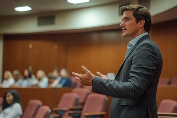 A business leader standing at the front of an auditorium, facing out to his audience during their presentation.