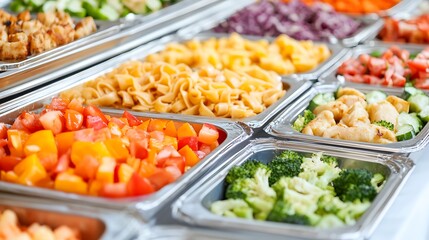 Assortment of colorful dishes in buffet setting, showcasing a variety of healthy food options