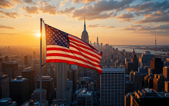 American flag on New York background patriotism - Powered by Adobe