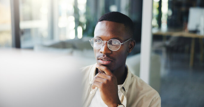 Thinking, reading and business man on computer for decision, insight or journalist planning. African worker, idea and creative brainstorming, problem solving or inspiration for news story in office