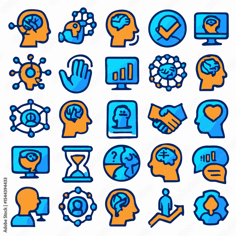 Poster an array of colorful icons representing various concepts such as the human brain, communication, and