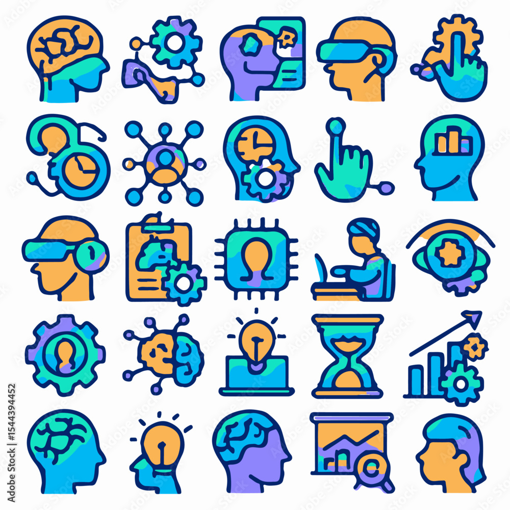Poster a collection of colorful icons representing different aspects of technology and the human mind. the 