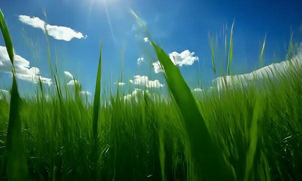 Green Grass Under Blue Sky and Fluffy White Clouds on a Sunny Day in an Eye Level Shot