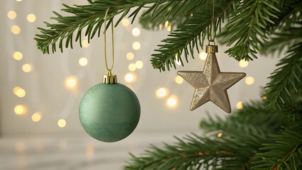 Fototapeta premium Festive Christmas Decorations Green Ornament and Star Adorning a Pine Branch with a Background of Soft Bokeh Lights