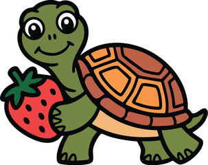 Smiling Turtle with Strawberry Vector Illustration