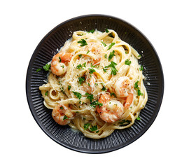 A realistic image of a plate of shrimp Alfredo pasta served on a dark, ridged ceramic plate. The linguine pasta is neatly twirled, coated in creamy Alfredo sauce, and topped with large, pink shrimp. 