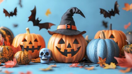 Festive Halloween Display with Pumpkins, Witch Hat, Skull, and Paper Bats