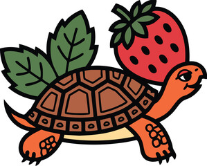 Smiling Turtle with Strawberry Vector Illustration