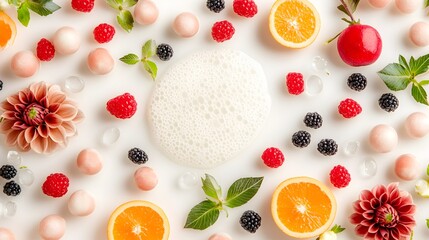 Creamy milk splash, fruit, flowers, white background, food blog