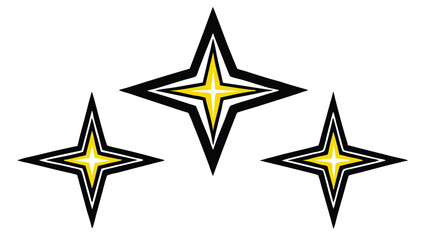 Obraz premium Three four pointed stars with yellow and white centers and black outlines on a white background art