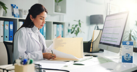 Computer, woman and doctor with paperwork in clinic for research report, diagnosis or treatment....