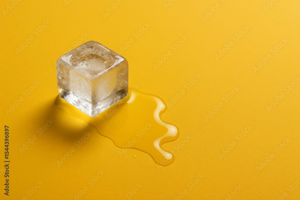 Poster a melting ice cube on a yellow surface creating a small puddle near it