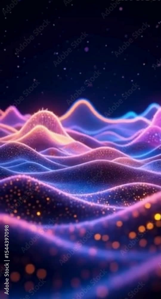 Poster abstract glowing landscape with wavy lines and sparkling particles background