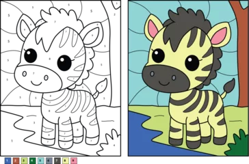 Selbstklebende Fototapeten Adorable cartoon baby zebra smiling in a cheerful outdoor scene, includes a color-by-number template and colored illustration. © coloringbooks101