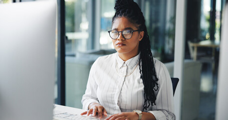 Computer, research and black woman in office with online contact for approval of creative project....