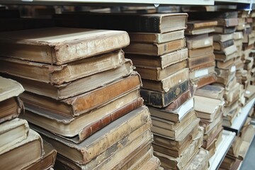 Fototapeta premium Stacks of antique books with worn covers and aged pages on library shelves