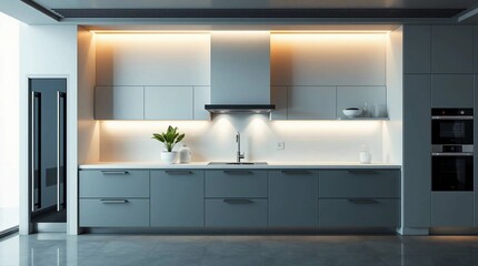
Futuristic sci-fi style kitchen design. Minimalist grey cabinets in the bottom row, open space. Graceful and elegant, refined features, advanced technology, space elements.