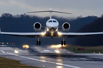 Luxury private jet taking off from runway at dusk with glowing lights and dramatic heat haze
