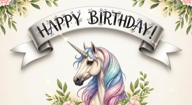 Happy Birthday Unicorn with Floral Decoration. Magical Fantasy Greeting Card for Celebrations and Children's Events