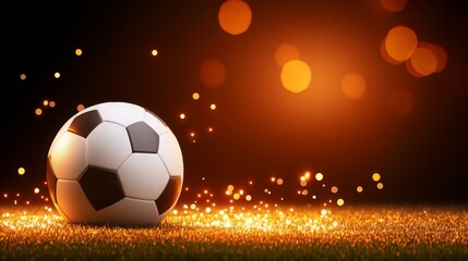 Fototapeta premium Soccer Ball on Glowing Grass Field at Night Dramatic Lighting Football Game
