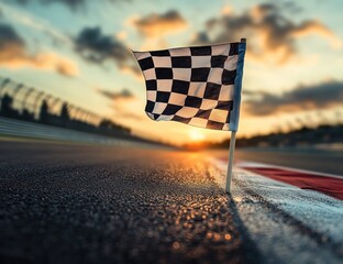 A checkered flag waving in the wind on an empty race track at sunset, symbolizing victory and success in motor racing or other sports events.