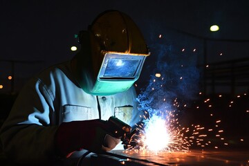 Industrial welder working with intense blue arc and flying sparks in dimly lit workshop