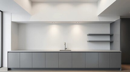 Precise architectural color photography of a kitchen design with minimalist grey cabinets in the bottom row and open space. Smooth gradient transitions, seamless color blending,