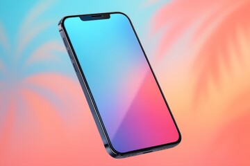 Floating smartphone with colorful gradient screen on abstract background