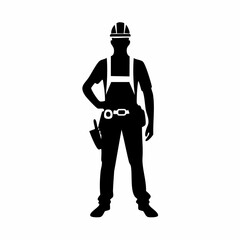 Black silhouette vector of a construction worker standing with helmet and toolbelt, industrial worker pose, safety gear, building site figure, clean minimal design for construction projects