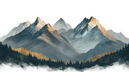 Beautiful winter wonderland with snow-capped peaks, under the vast morning sky, isolated on transparent background. PNG