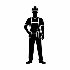 Black silhouette vector of a construction worker standing with helmet and toolbelt, industrial worker pose, safety gear, building site figure, clean minimal design for construction projects