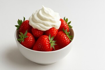Bowl of strawberries topped with whipped cream on a white background