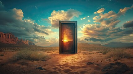 Opened Door on a Desert Landscape, Representing the Unknown and New Beginnings with a Sense of Adventure