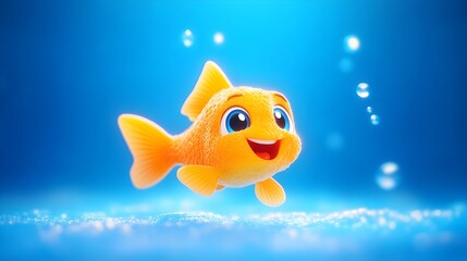 Happy goldfish swimming, underwater scene, bubbles, animation, children's book