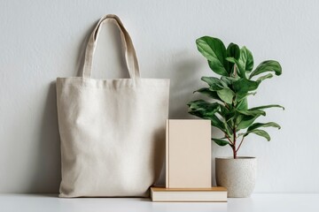 Beige Tote Bag Mockup Green Plant Book