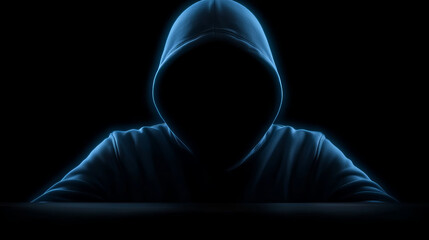 Hooded figure, silhouette, darkness, mysterious, blue glow, intimidating presence, shadowy