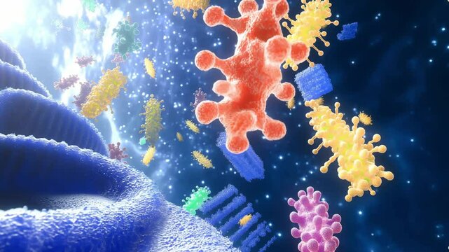 3D medical illustration of antibodies (immunoglobulins) including IgM, IgG, IgE, IgD, and IgA, depicted as glycoproteins interacting with virus-specific antigens	