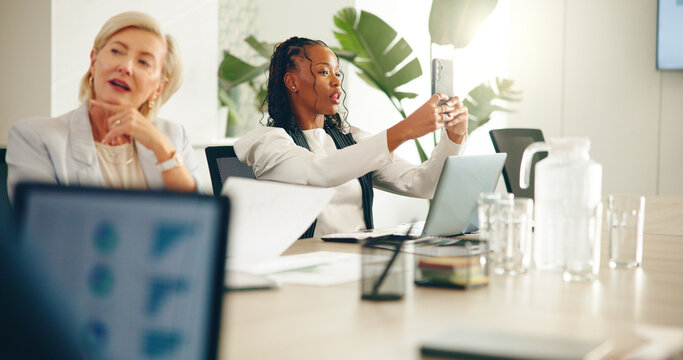 Selfie, meeting and distracted with business woman in office for policy violation, rude and bad employee. Poor performance, workshop conduct and picture with people in agency for company etiquette