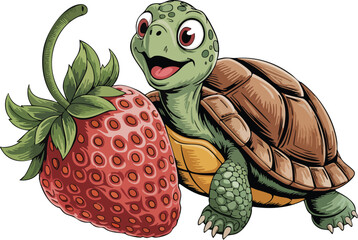 Smiling Turtle with Strawberry Vector Illustration