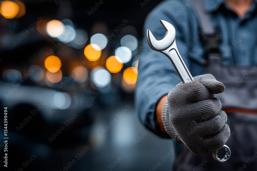 Poster a mechanic is holding a wrench in his hand. the image has a blurry background and a hazy atmosphere