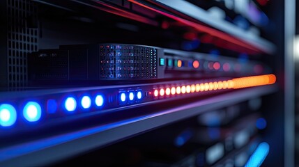 Modern Rack LED console in a server room data center, created with generative AI, showcasing cutting-edge data technology, server management, and digital infrastructure.