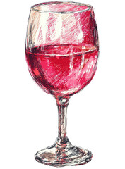 Hand-drawn illustration of a glass of rosy red wine
