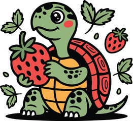Smiling Turtle with Strawberry Vector Illustration