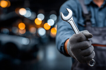 A mechanic is holding a wrench in his hand. The image has a blurry background and a hazy atmosphere