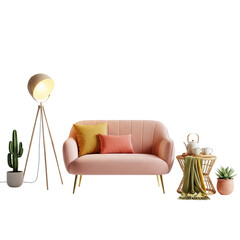 Modern pink sofa with decor isolated on transparent background