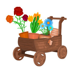 Wooden wheelbarrow with flowers and pots isolated on white background. Garden trolley with potted flowers. Wagon with plant for garden. Plants for backyard. Stock vector illustration