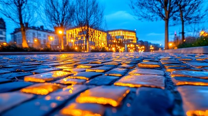 Night city cobblestone street, modern buildings, lights